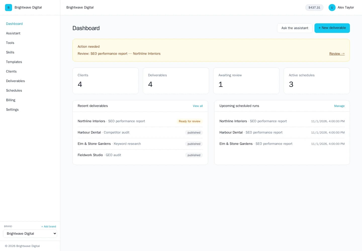 Clients, deliverables and scheduled reports in one workspace