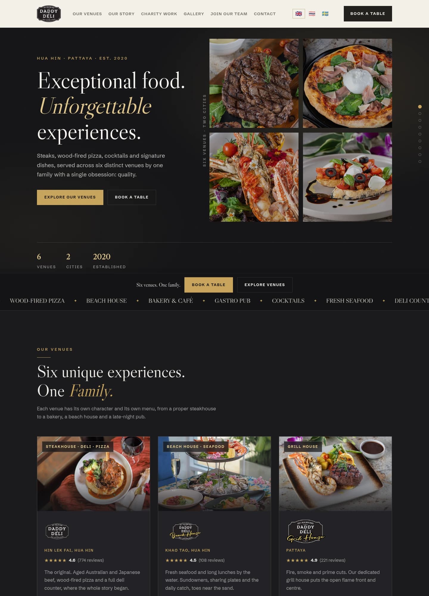 Daddy Deli’s restaurant website with food photography and warm gold accents