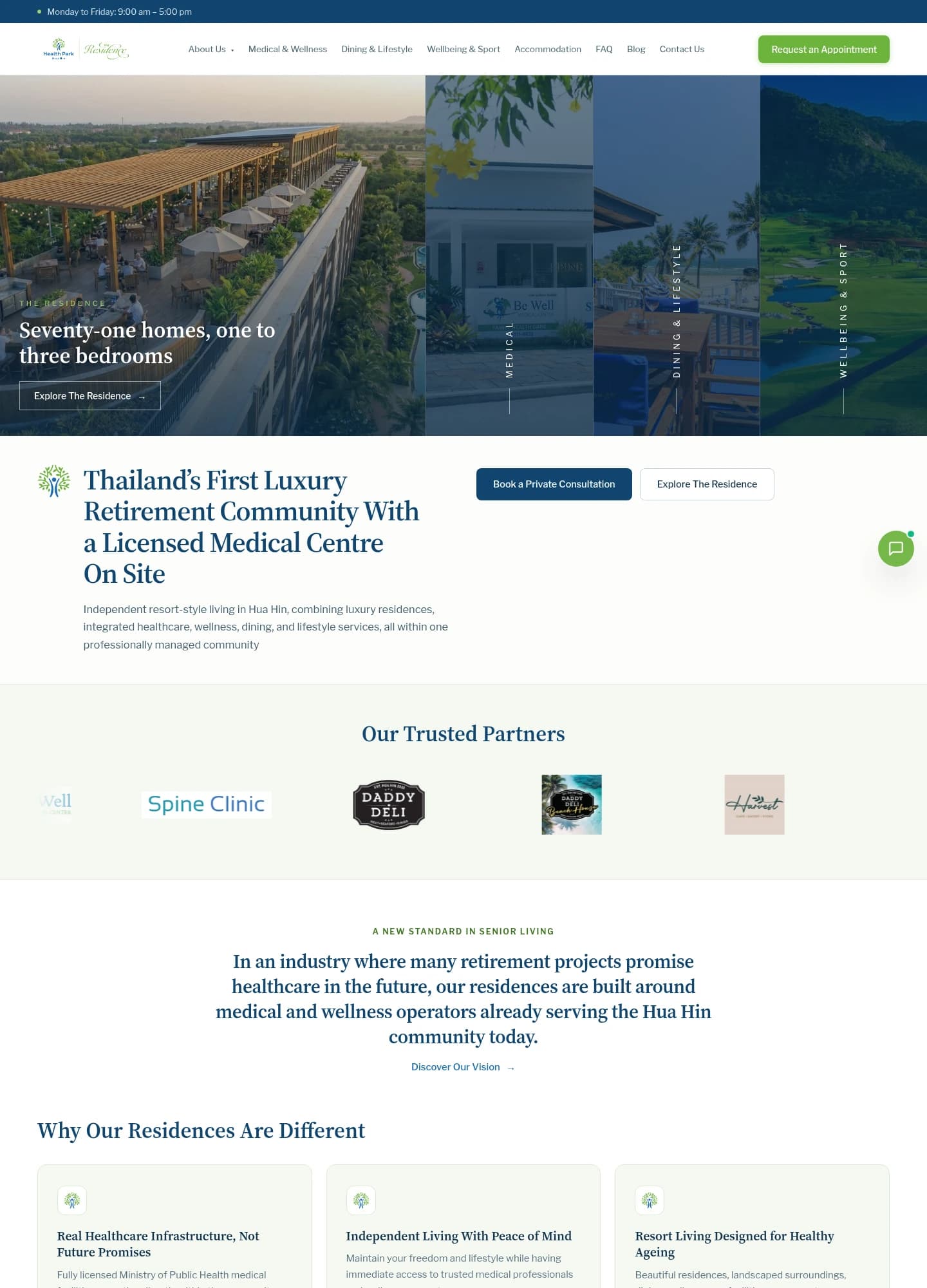 Health Park Residences desktop website, including the content below the hero