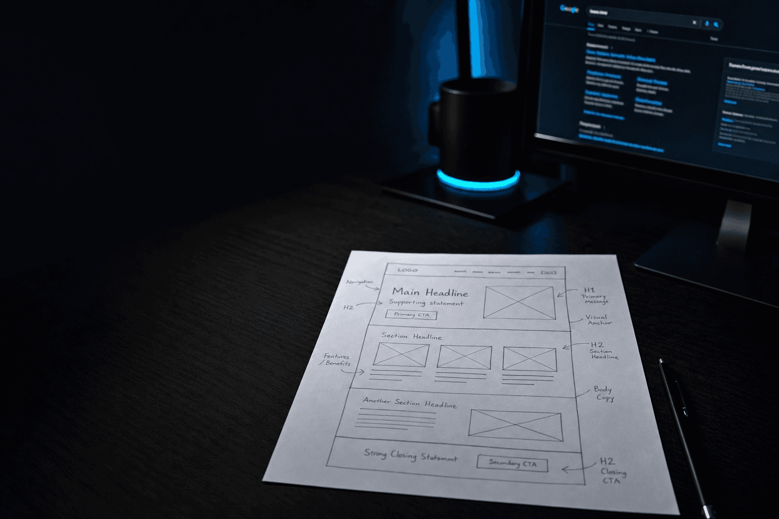 Editorial close-up of a printed website wireframe on a matte dark desk with faint pencil annotations marking heading hierarchy, evoking late-night strategic on-page SEO planning