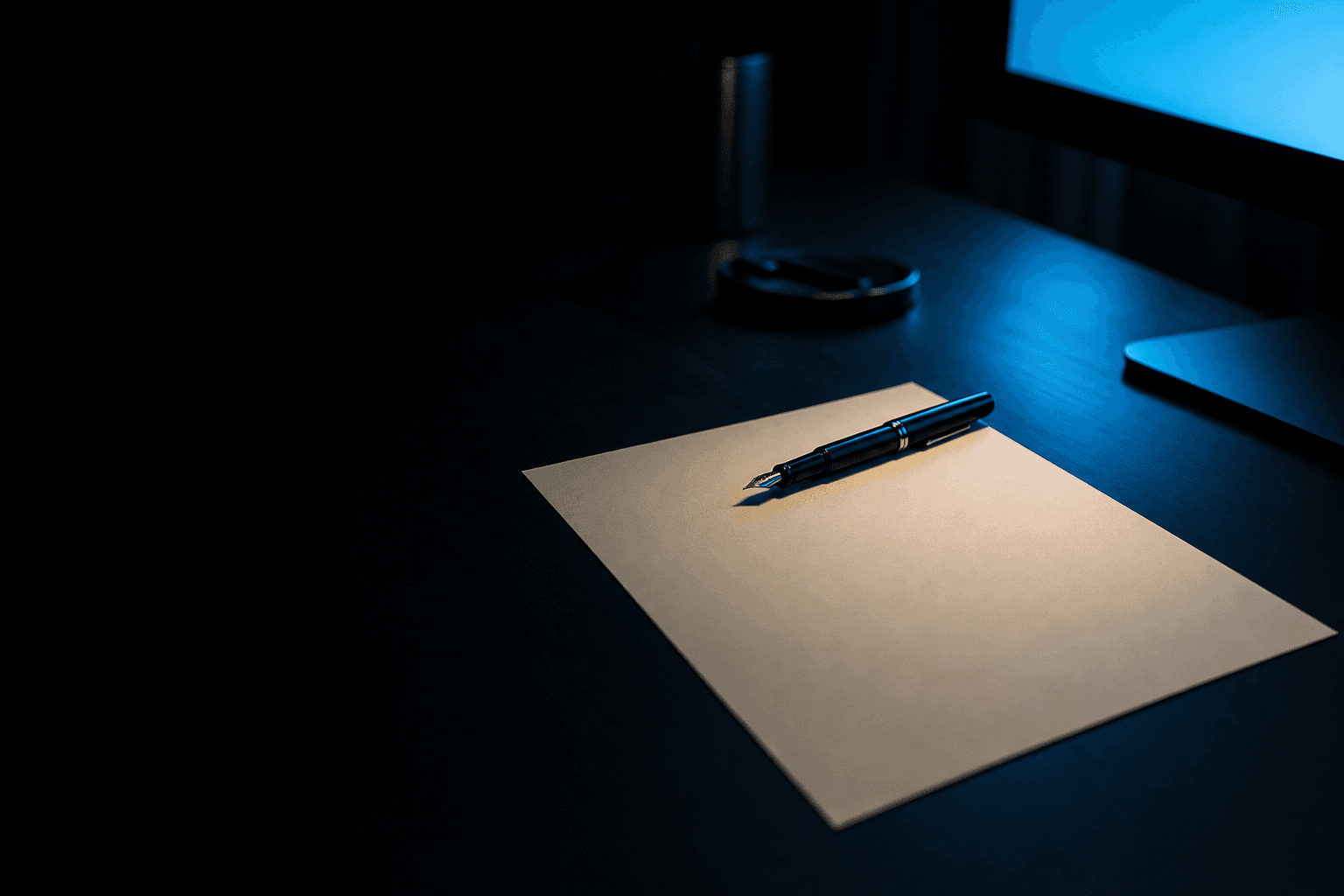 Single sheet of cream paper with a fountain pen lying diagonally across it on a dark desk, soft monitor light at the frame's edge