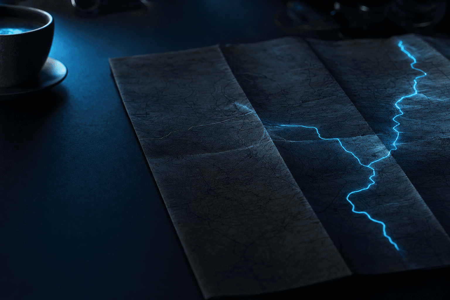 Editorial still life of a folded paper map on a dark desk with a single thin line of light tracing one route, suggesting the role of a sitemap in guiding search engines through a site.