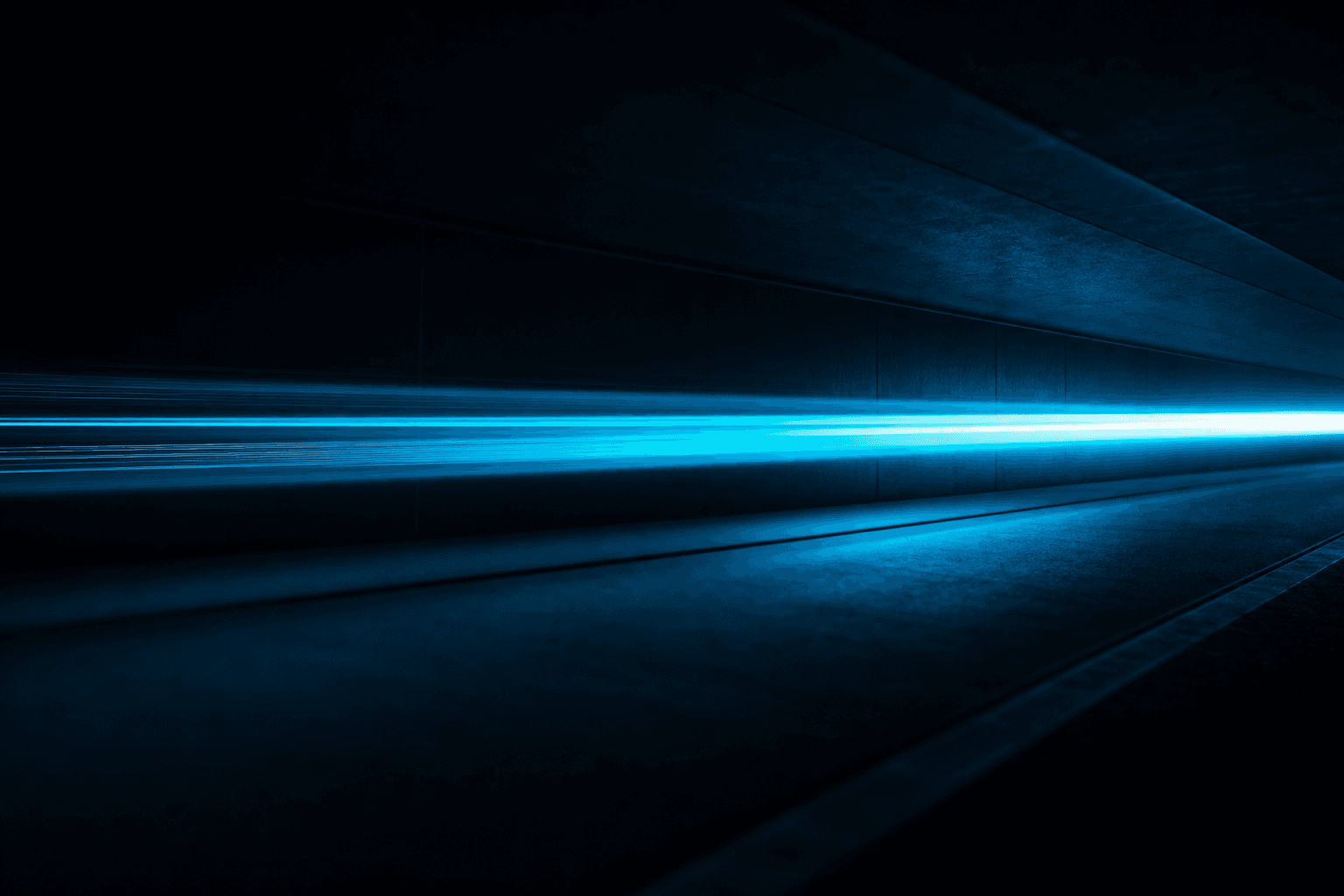 Long-exposure light streak through a dark architectural corridor, suggesting motion, speed and time without a literal stopwatch