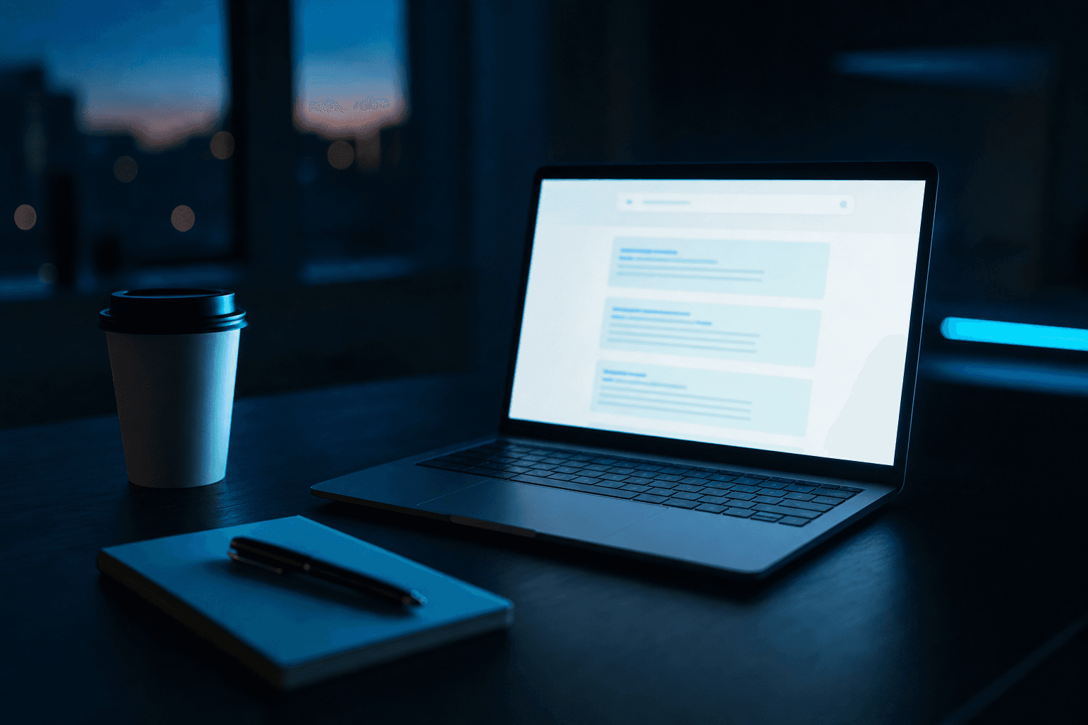 Dim office at dusk with an open laptop on the right showing a soft-focus search results layout with indistinct ad-shaped rectangles at the top, calm notebook and coffee on the left, practitioner mood for a beginner about to open Google Ads