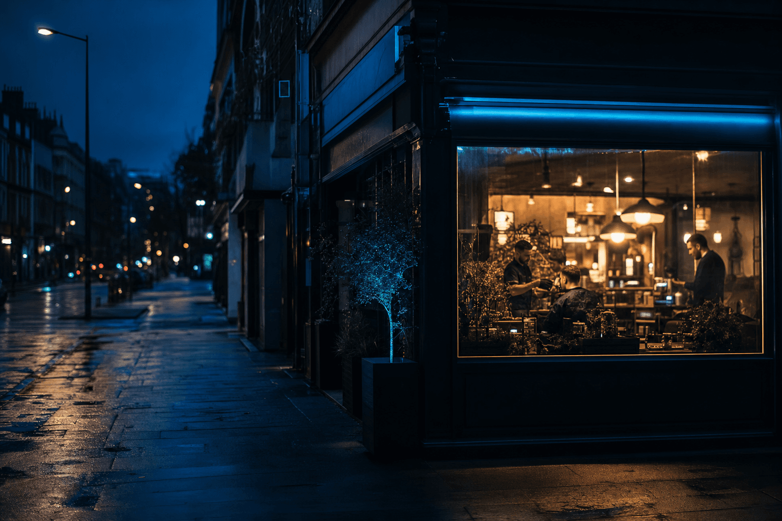 Editorial photograph of a small independent shopfront at dusk, warm interior glow spilling onto damp pavement, cinematic and considered.