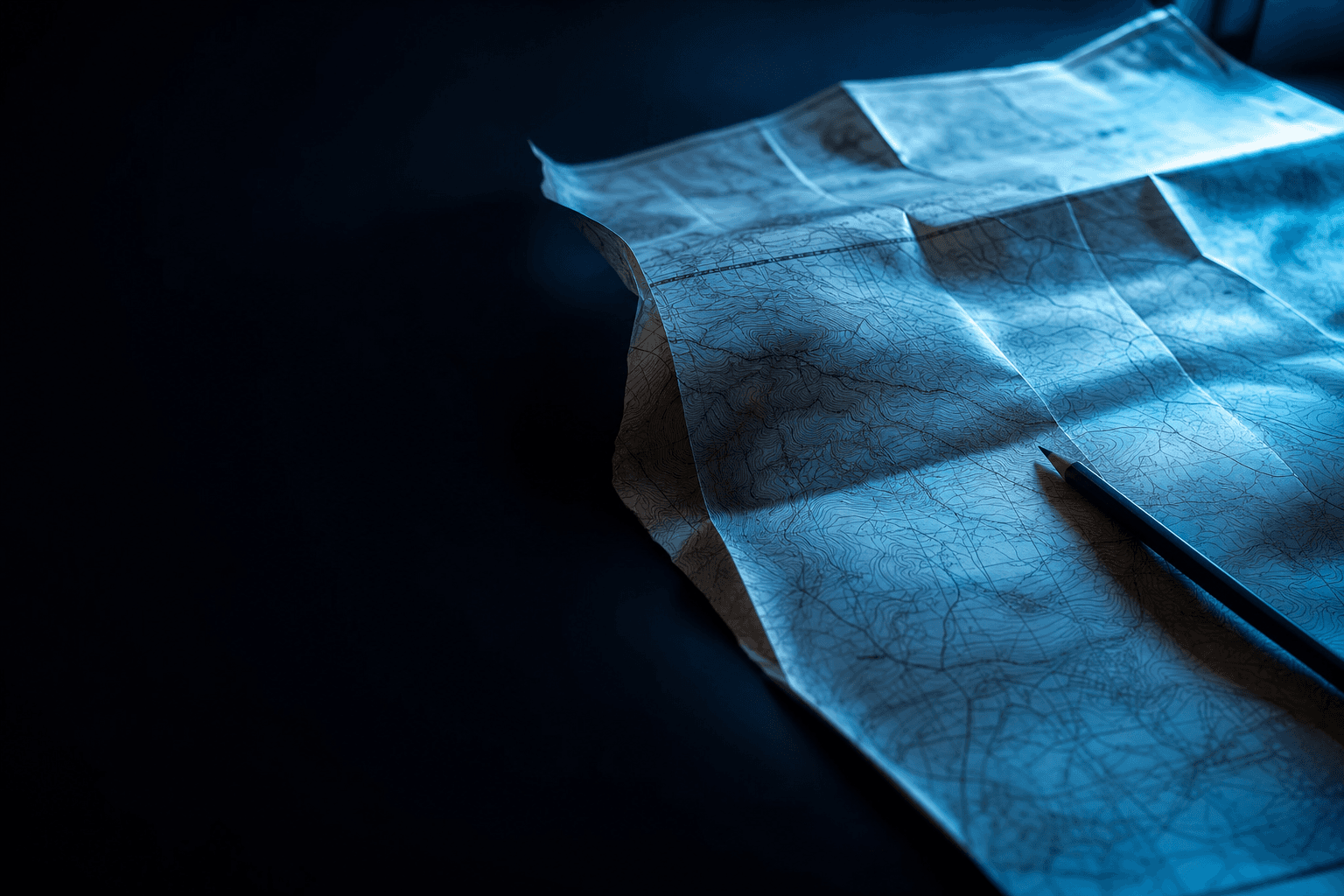 Editorial still-life photograph of a folded paper topographic map opened across a matte dark desk, contour lines faintly visible, one corner curled up, pencil resting at an angle, suggesting a strategic re-read of shifting territory.