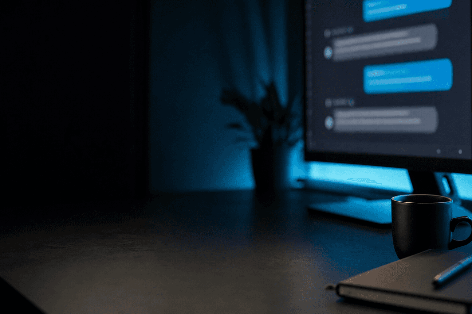 Dim editorial workspace at dusk with a softly focused screen showing an indistinct AI answer interface, representing AI-driven search
