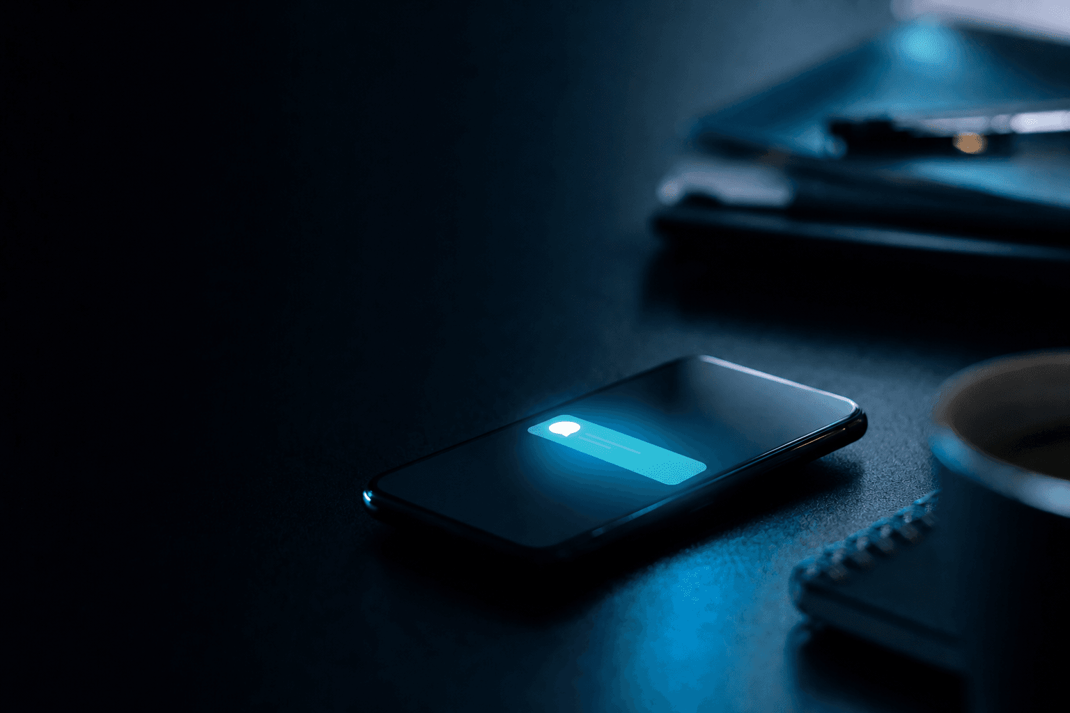 A smartphone glowing on a dark desk at night as a new enquiry arrives, signalling a fresh lead landing after hours