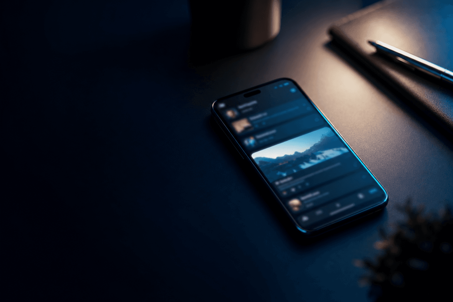 A smartphone on a dark desk at dusk showing a soft-focus social feed with one highlighted post, signalling a small business starting out with paid social