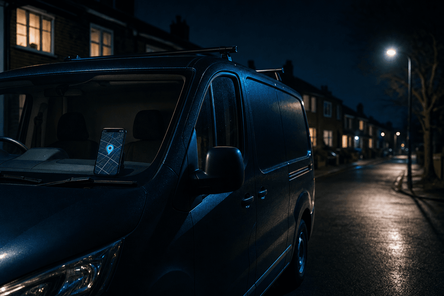 A service business van parked on a residential street at night with a phone showing a map pin on the dashboard.