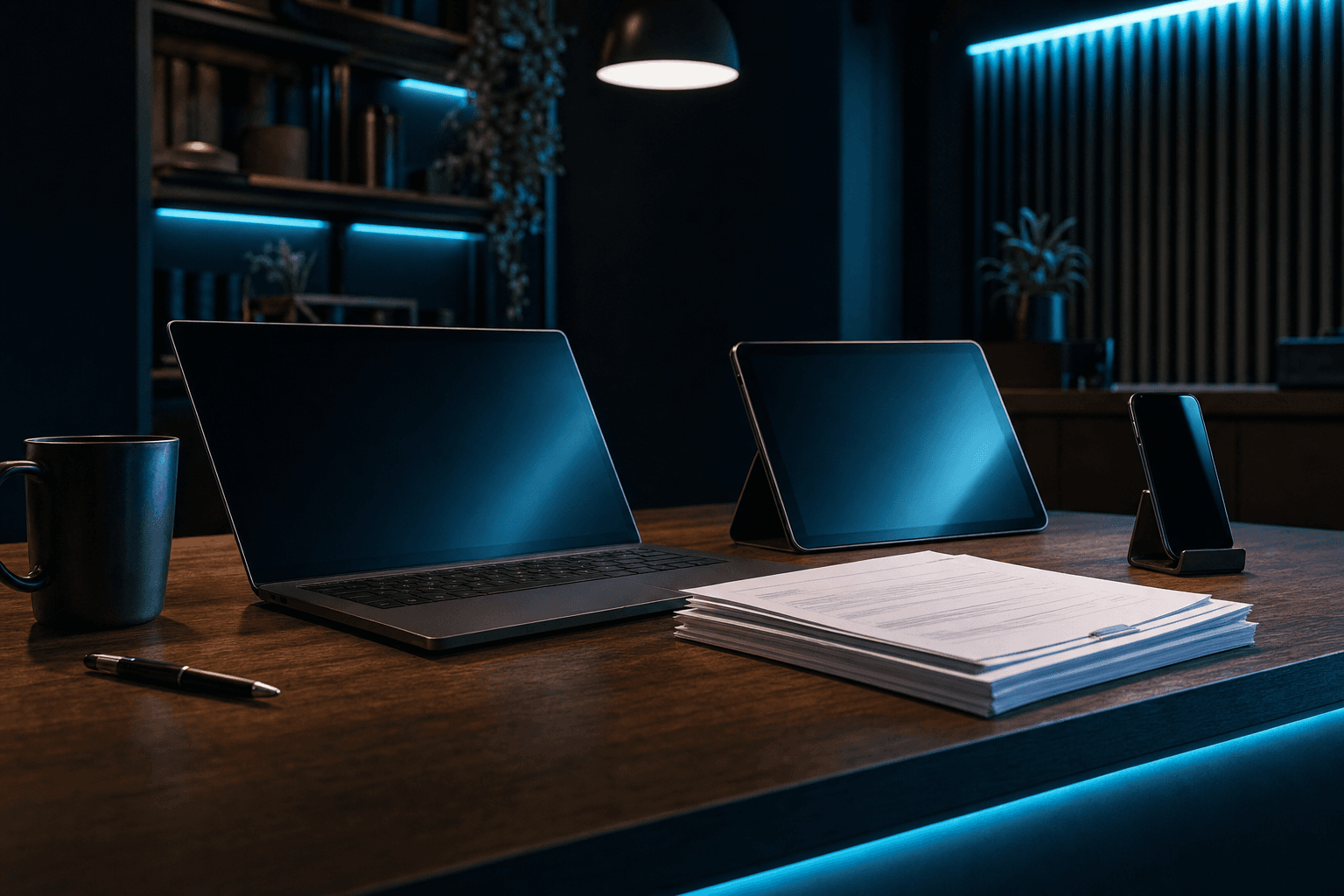 Laptop and tablet set up on a small business counter beside printed job sheets and a phone in a stand