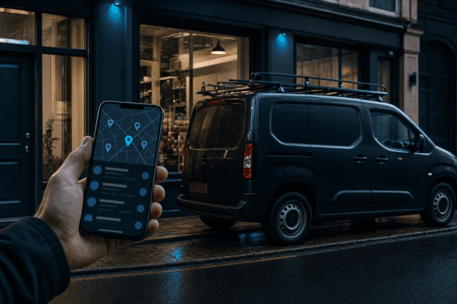 A smartphone showing a local map search held in front of a tradesperson's van outside a high-street business
