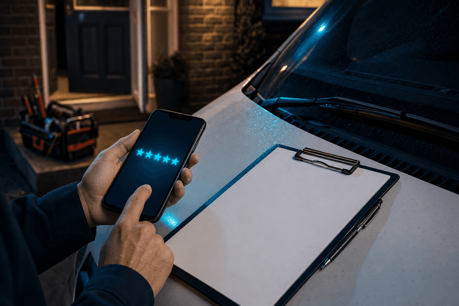 Hands holding a phone showing a five-star review prompt on a van bonnet next to a finished job sheet
