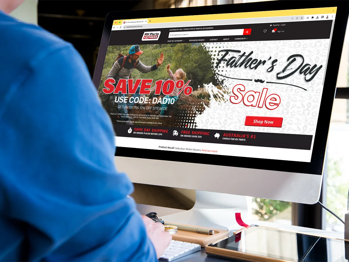 The RV Parts Express online store displayed on a desktop computer