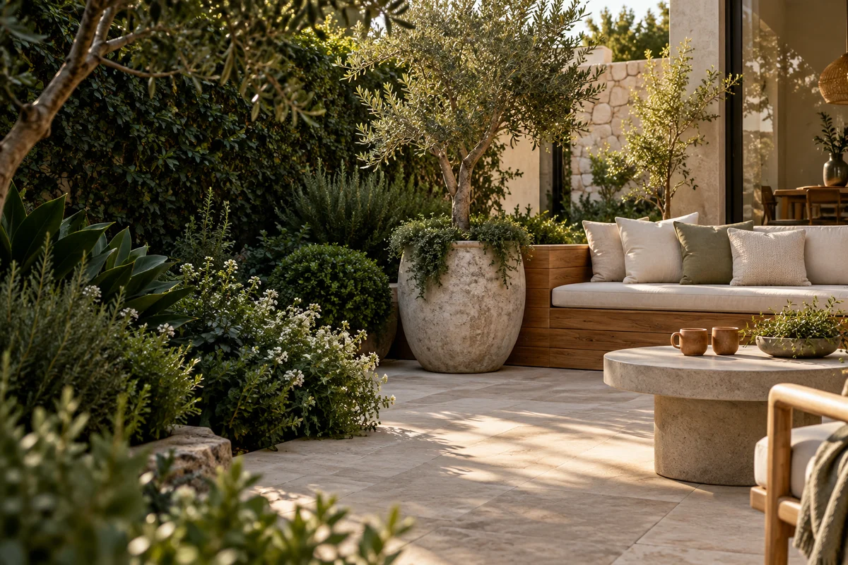 A landscaped courtyard with built-in seating