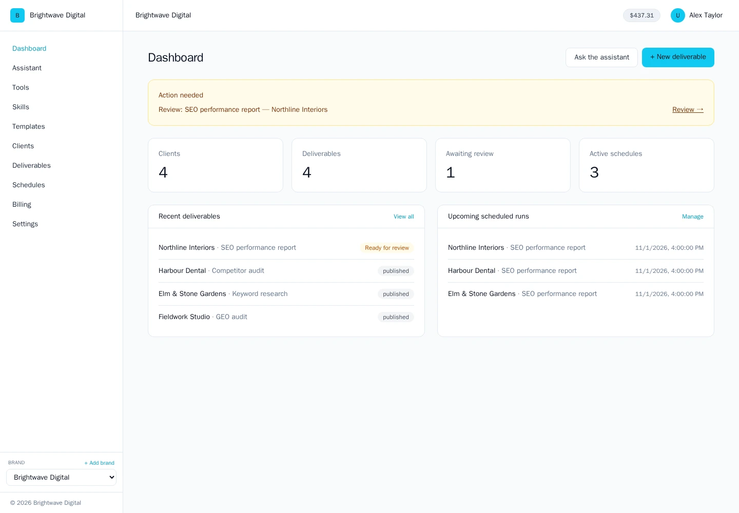 Clients, deliverables and scheduled reports in one workspace
