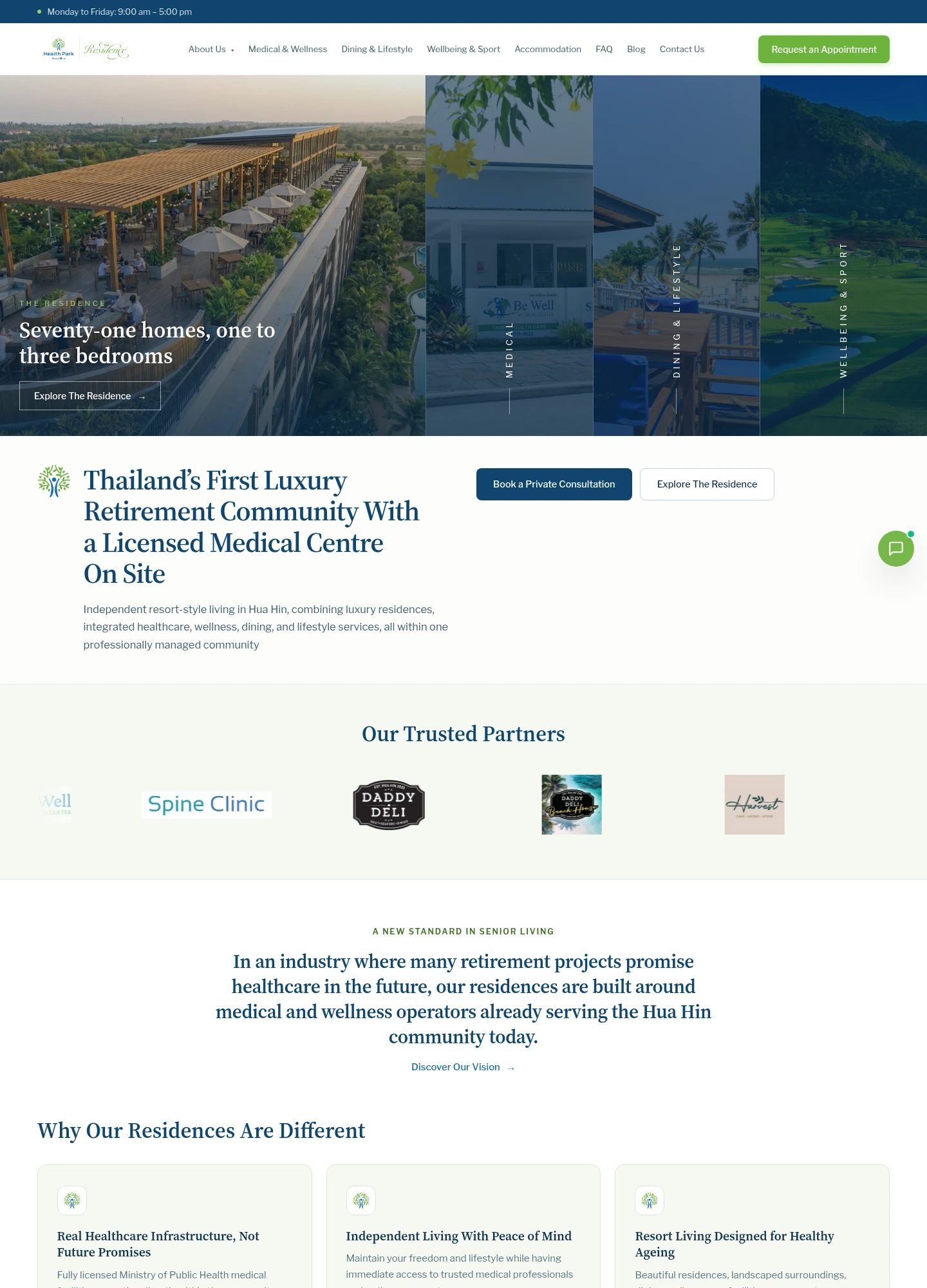 Health Park Residences desktop website, including the content below the hero