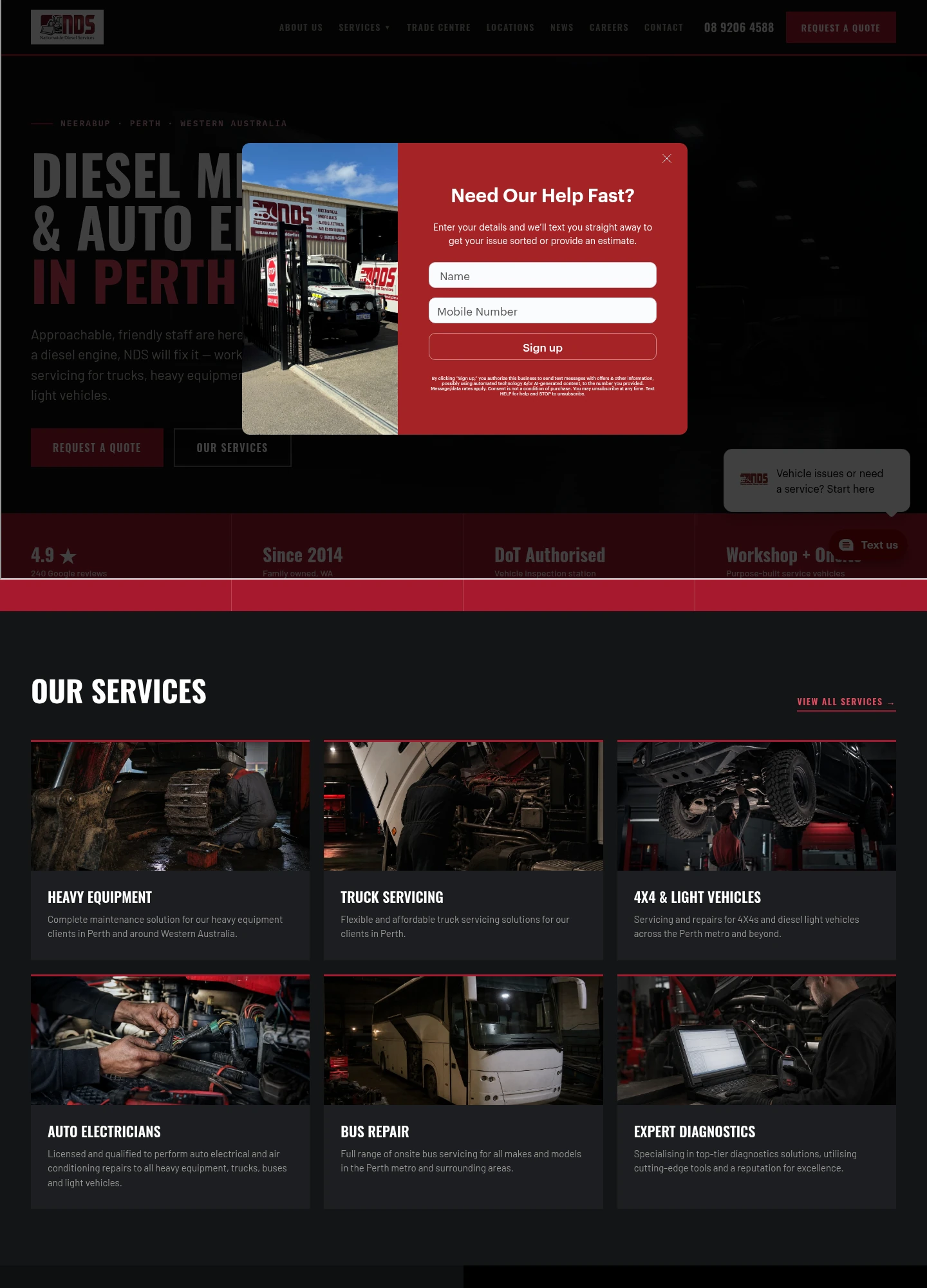 Nationwide Diesel desktop website, including the content below the hero