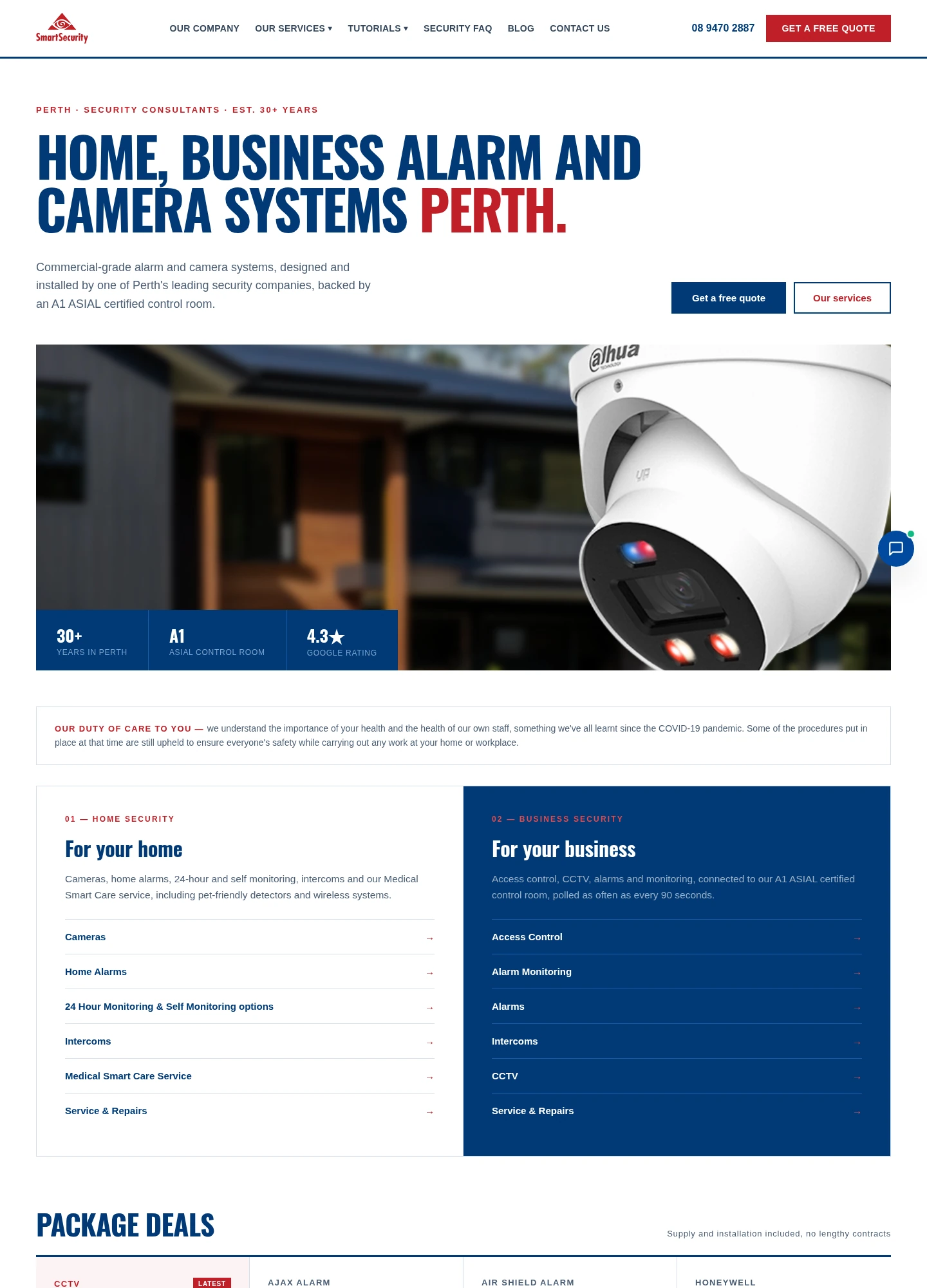 Smart Security desktop website, including the content below the hero